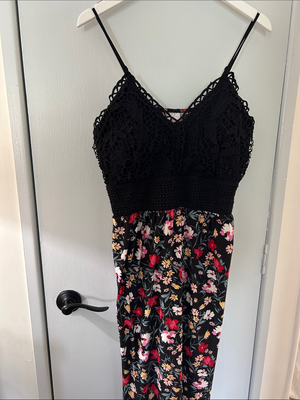 No Boundaries Black Crochet Top with Multicolor Floral Trim maxi dress.